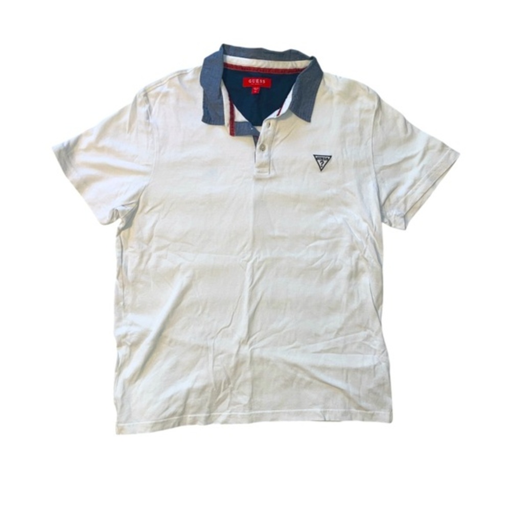 Guess Shirt Sleeved Polo Shirt White With Blue Chambray Collar Guess Logo XL